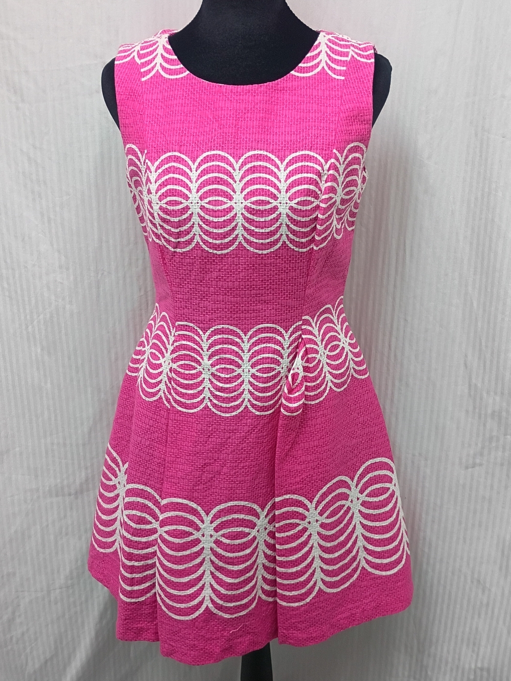 Just...Taylor Bright Pink Sleeveless Midi Dress with White Geometric Bands 6P